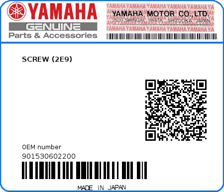 Product image: Yamaha - 901530602200 - SCREW (2E9)  0