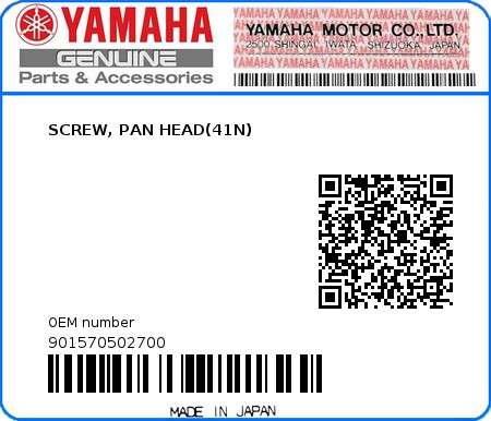 Product image: Yamaha - 901570502700 - SCREW, PAN HEAD(41N)  0