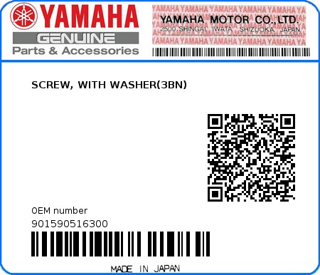 Product image: Yamaha - 901590516300 - SCREW, WITH WASHER(3BN)  0