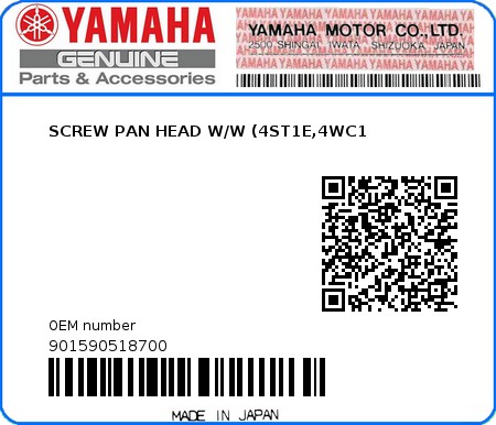 Product image: Yamaha - 901590518700 - SCREW PAN HEAD W/W (4ST1E,4WC1  0