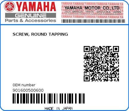 Product image: Yamaha - 901600500600 - SCREW, ROUND TAPPING  0