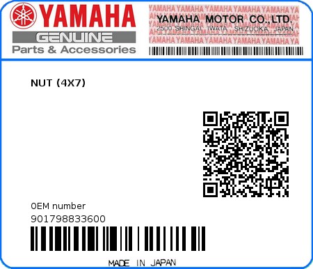 Product image: Yamaha - 901798833600 - NUT (4X7)  0
