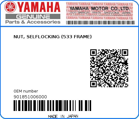 Product image: Yamaha - 901851006000 - NUT, SELFLOCKING (533 FRAME)  0