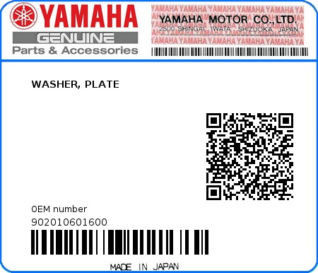 Product image: Yamaha - 902010601600 - WASHER, PLATE  0