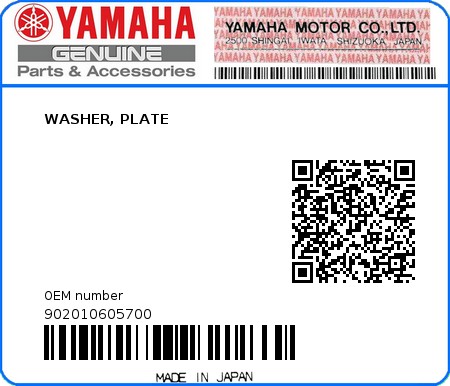 Product image: Yamaha - 902010605700 - WASHER, PLATE   0