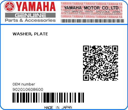Product image: Yamaha - 902010608600 - WASHER, PLATE  0