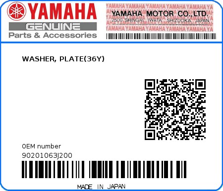 Product image: Yamaha - 90201063J200 - WASHER, PLATE(36Y)  0