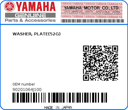 Product image: Yamaha - 90201064J100 - WASHER, PLATE(52G)  0