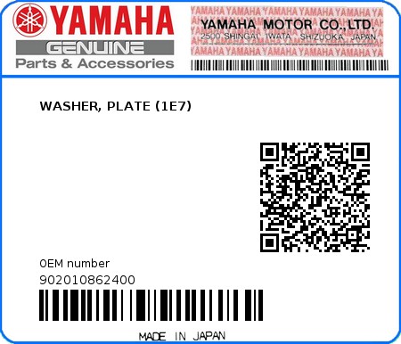 Product image: Yamaha - 902010862400 - WASHER, PLATE (1E7)  0