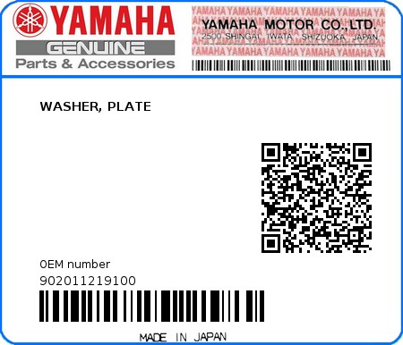 Product image: Yamaha - 902011219100 - WASHER, PLATE   0