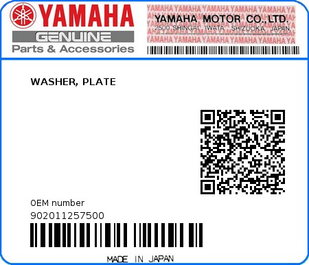 Product image: Yamaha - 902011257500 - WASHER, PLATE   0