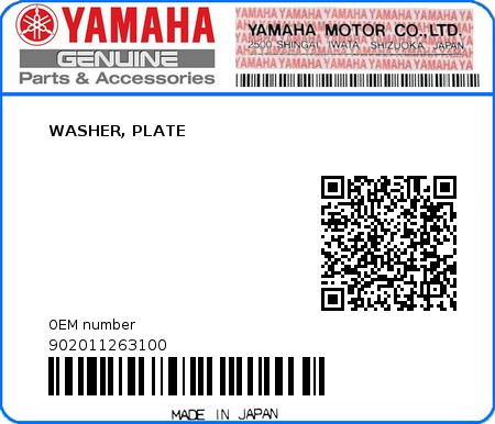 Product image: Yamaha - 902011263100 - WASHER, PLATE   0