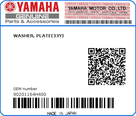Product image: Yamaha - 90201164H400 - WASHER, PLATE(33Y)  0
