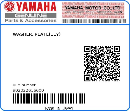 Product image: Yamaha - 902022616600 - WASHER, PLATE(1EY)  0