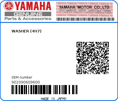 Product image: Yamaha - 902090609600 - WASHER (4H7)  0