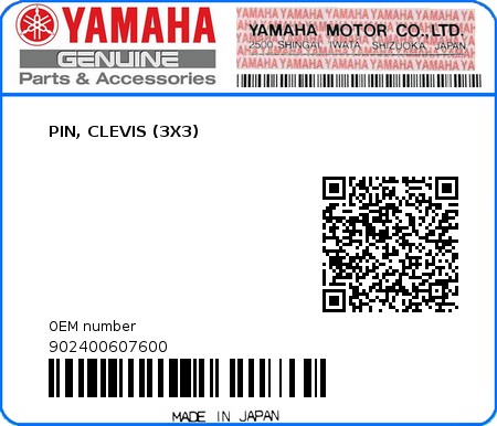 Product image: Yamaha - 902400607600 - PIN, CLEVIS (3X3)  0