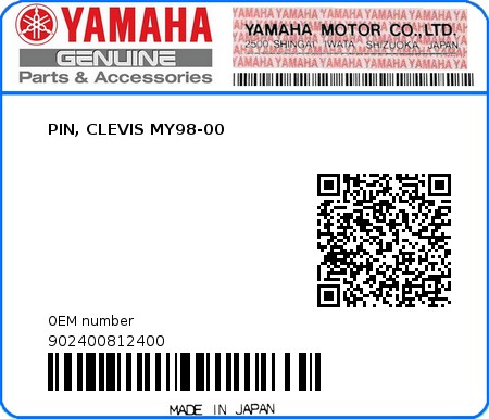 Product image: Yamaha - 902400812400 - PIN, CLEVIS MY98-00  0