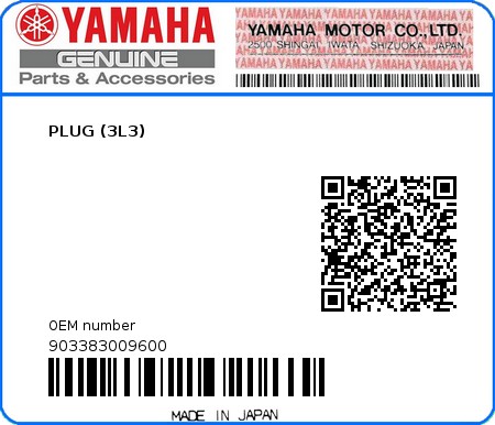 Product image: Yamaha - 903383009600 - PLUG (3L3)  0