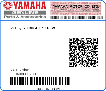 Product image: Yamaha - 903400800200 - PLUG, STRAIGHT SCREW  0