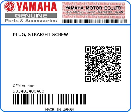 Product image: Yamaha - 903401400400 - PLUG, STRAIGHT SCREW  0