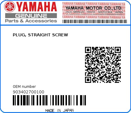 Product image: Yamaha - 903402700100 - PLUG, STRAIGHT SCREW  0