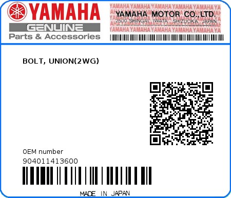 Product image: Yamaha - 904011413600 - BOLT, UNION(2WG)  0