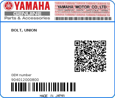 Product image: Yamaha - 904012000800 - BOLT, UNION  0