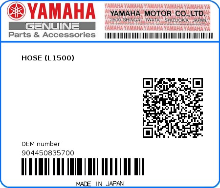Product image: Yamaha - 904450835700 - HOSE (L1500)  0
