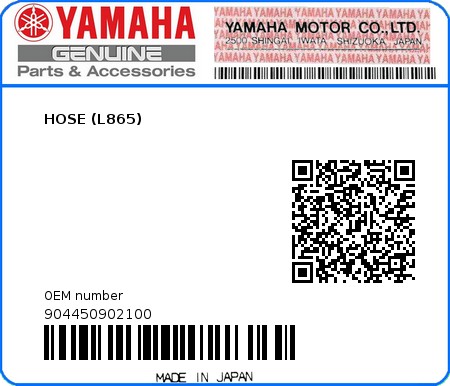 Product image: Yamaha - 904450902100 - HOSE (L865)  0