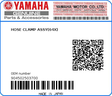 Product image: Yamaha - 904502503700 - HOSE CLAMP ASSY(64X)  0