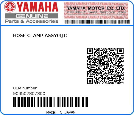 Product image: Yamaha - 904502807300 - HOSE CLAMP ASSY(4JT)  0