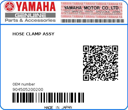Product image: Yamaha - 904505200200 - HOSE CLAMP ASSY  0