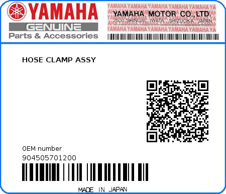 Product image: Yamaha - 904505701200 - HOSE CLAMP ASSY  0