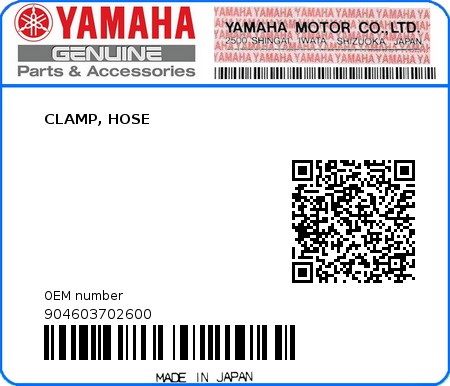 Product image: Yamaha - 904603702600 - CLAMP, HOSE  0