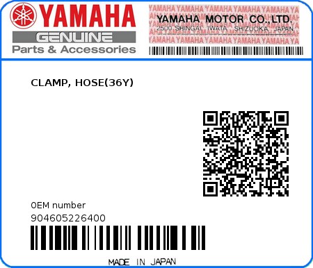 Product image: Yamaha - 904605226400 - CLAMP, HOSE(36Y)  0