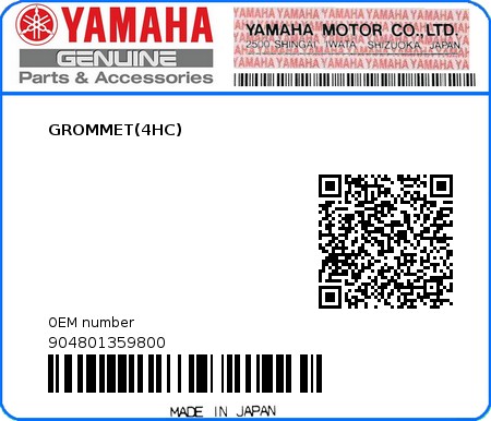 Product image: Yamaha - 904801359800 - GROMMET(4HC)  0