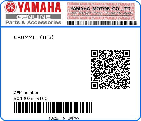 Product image: Yamaha - 904802819100 - GROMMET (1H3)  0