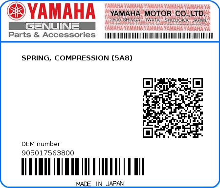 Product image: Yamaha - 905017563800 - SPRING, COMPRESSION (5A8)  0