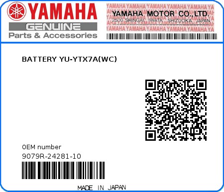 Product image: Yamaha - 9079R-24281-10 - BATTERY YU-YTX7A(WC)  0