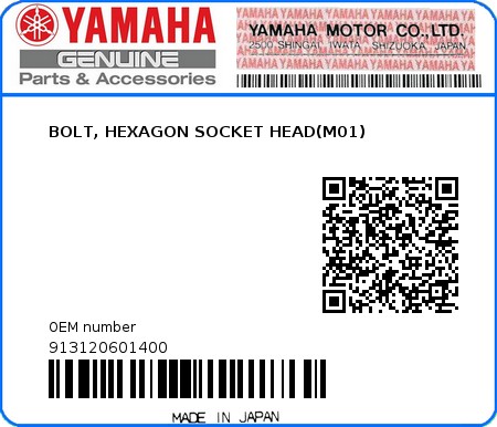 Product image: Yamaha - 913120601400 - BOLT, HEXAGON SOCKET HEAD(M01)  0