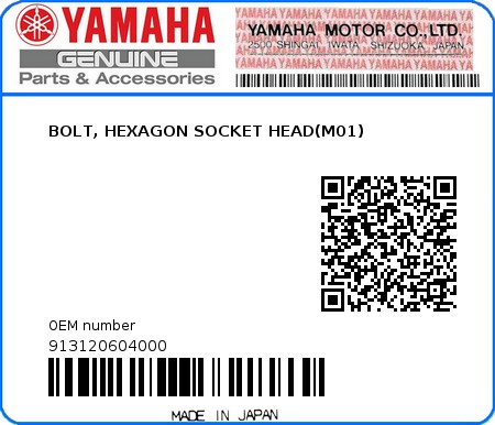 Product image: Yamaha - 913120604000 - BOLT, HEXAGON SOCKET HEAD(M01)  0