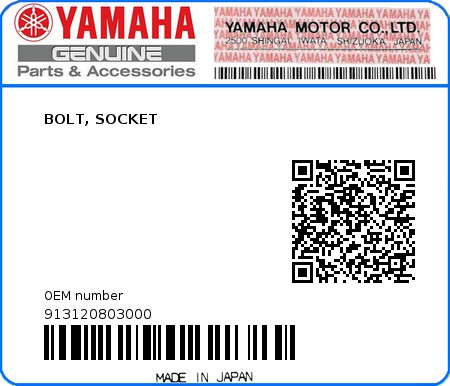Product image: Yamaha - 913120803000 - BOLT, SOCKET  0