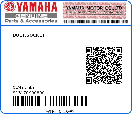 Product image: Yamaha - 913170400800 - BOLT,SOCKET  0