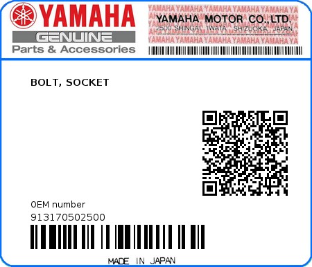 Product image: Yamaha - 913170502500 - BOLT, SOCKET  0