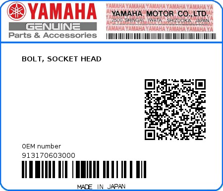 Product image: Yamaha - 913170603000 - BOLT, SOCKET HEAD   0