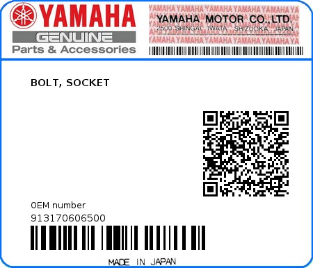 Product image: Yamaha - 913170606500 - BOLT, SOCKET  0