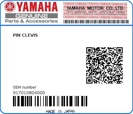 Product image: Yamaha - 917010804000 - PIN CLEVIS  0