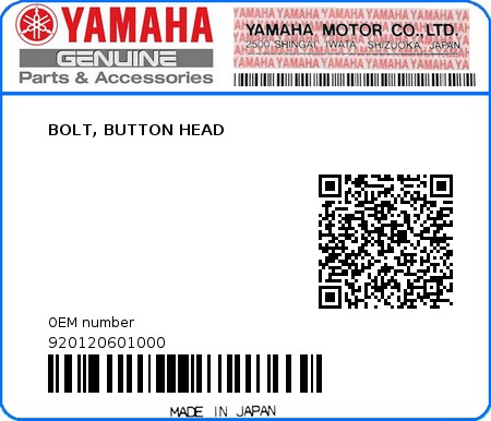 Product image: Yamaha - 920120601000 - BOLT, BUTTON HEAD  0
