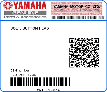 Product image: Yamaha - 920120601200 - BOLT, BUTTON HEAD  0