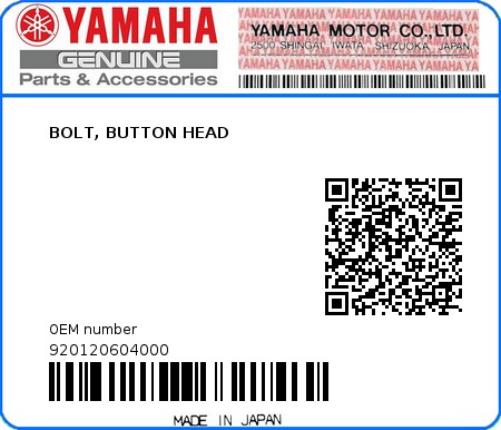 Product image: Yamaha - 920120604000 - BOLT, BUTTON HEAD  0